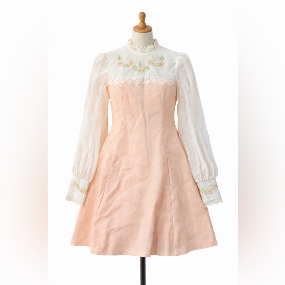 Vintage 1970’s Peach Dress with Floral Embroidery